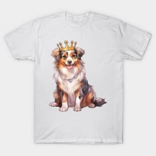 Watercolor Australian Shepherd Dog Wearing a Crown T-Shirt